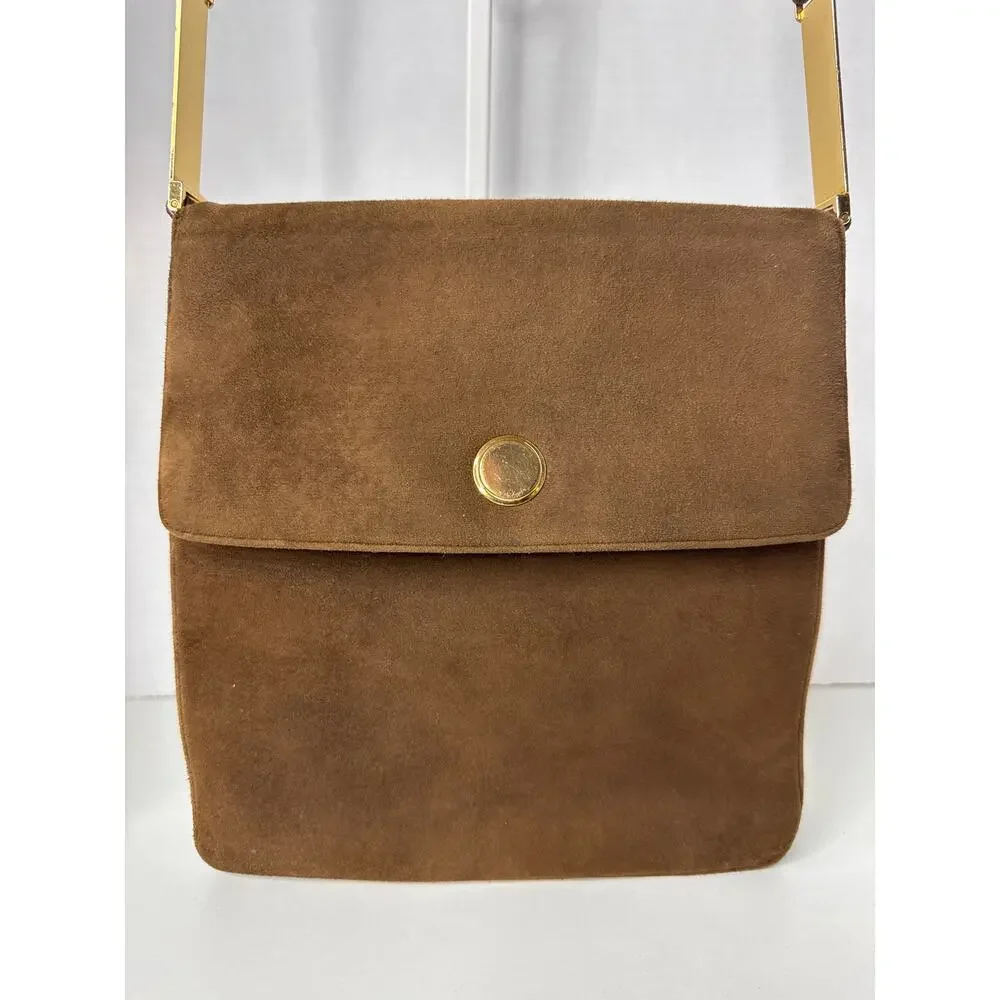 Prestige Vintage suede brown bag with gold hardware & flap closure